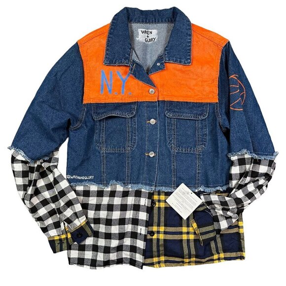 Wren and Glory Jackets & Blazers - Women's Colorblock Denim & Plaid Jean Jacket - Orange/Blue